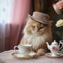 Fluffy cat at the table. Tea party at home