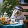 Cute arctic seal at the table. Summer tea party