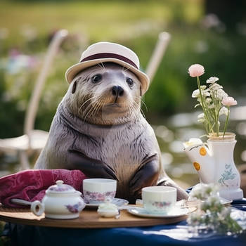 Cute arctic seal at the table. Summer tea party