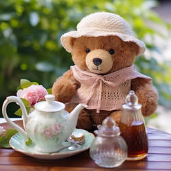 Teddy bear on the table. Summer tea party