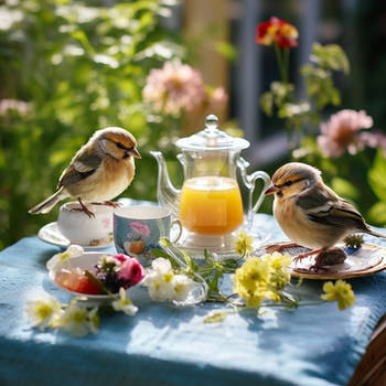 Cute small birds on table. Summer tea party