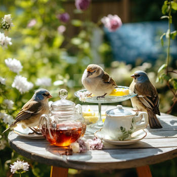 Cute small birds on table. Summer tea party