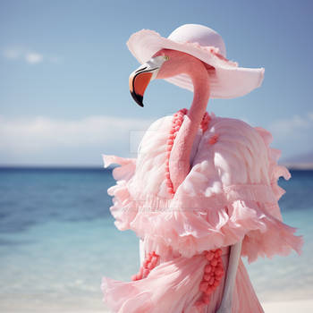 Flamingo in fashionable outfit. Caribbean seashore