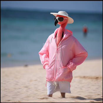 Flamingo in fashionable outfit. Caribbean seashore