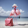 Flamingo in fashionable outfit. Caribbean seashore