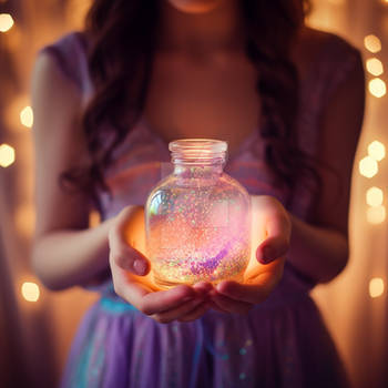 Witch girl holds magical potion with fairy dust
