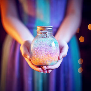 Witch girl holds magical potion with fairy dust