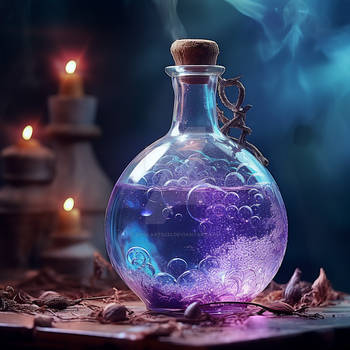 Witch magical potion in glass bottle