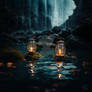 Glowing lanterns floating on water at night