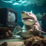 Anthropomorphic shark is watching TV underwater