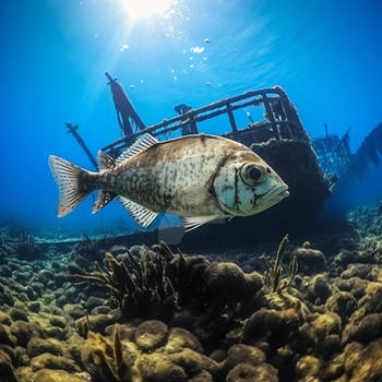 Fish near sunken rusty shipwrecks underwater