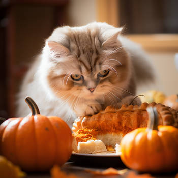 Cute kitten and pumpkin pie on table