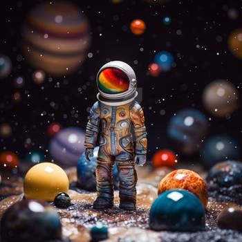 Toy cosmonaut among planets