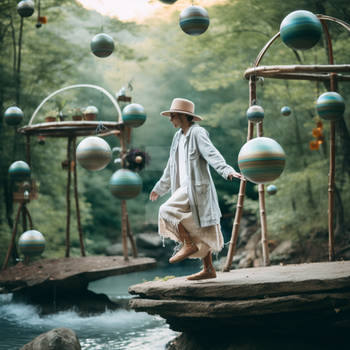 Art installation of levitating planets in nature