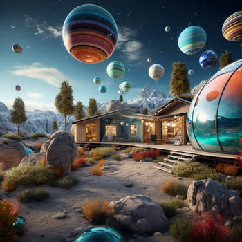 Art installation of levitating planets in camping