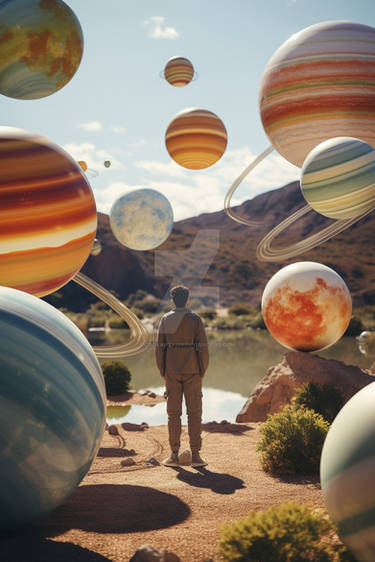 Art installation of levitating planets in nature