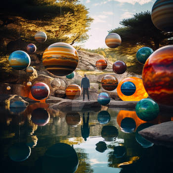 Art installation of levitating planets in nature