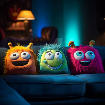 Funny pillows with cartoonish faces and big eyes