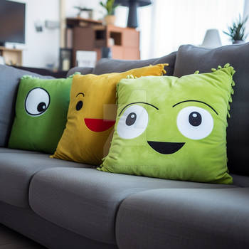 Funny pillows with cartoonish faces and big eyes