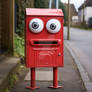 Weird red mailbox with funny eyes, on street