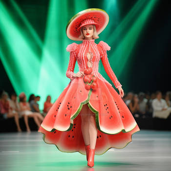 Woman in dress watermelon inspired. Fashion show