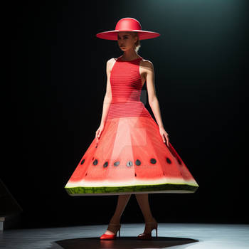 Woman cosplaying watermelon. Fashion show