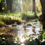 Ducks swimming in forest river