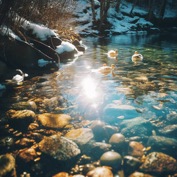 Ducks in water at sunset