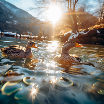 Ducks in water at sunset