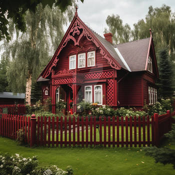 Red wooden house with a red picket fence