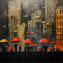 People with colourful umbrellas in rainy city