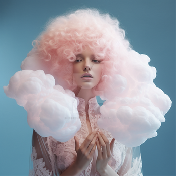 Young woman holding pink cloud. Retro photography