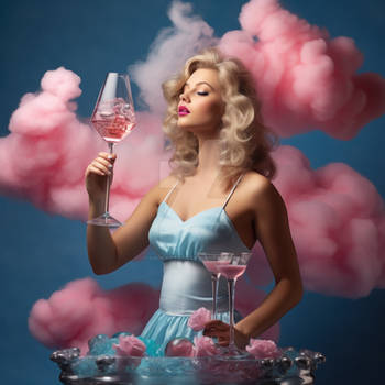 Blonde woman holding wine glass in pink clouds