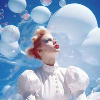 Woman in white dress among bubbles in blue sky