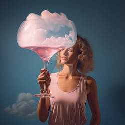 Woman holds huge wine glass with pink clouds