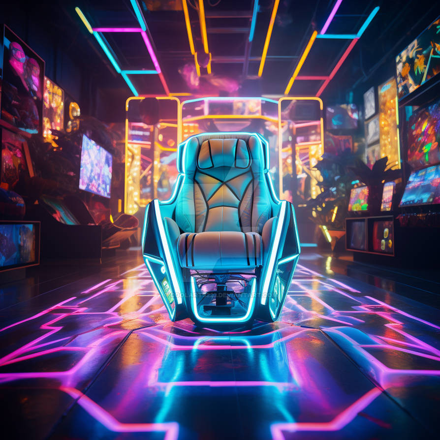 Gaming chair in colourful neon game club by Coolarts223 on DeviantArt