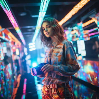 Girl with camera. In colorful neon-lit place