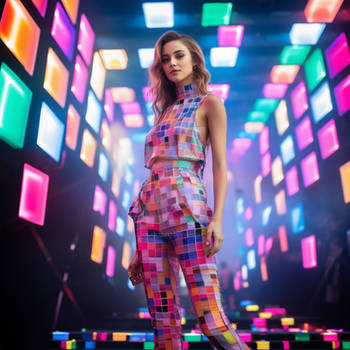 Woman in colourful outfit. Inside a neon-lit place