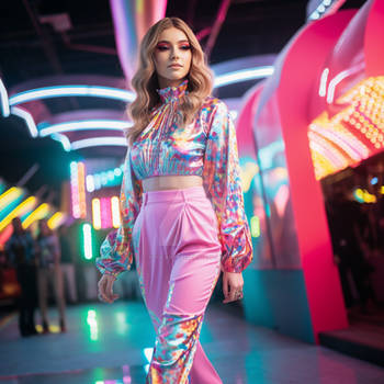 Woman in colourful outfit. Inside a neon-lit place