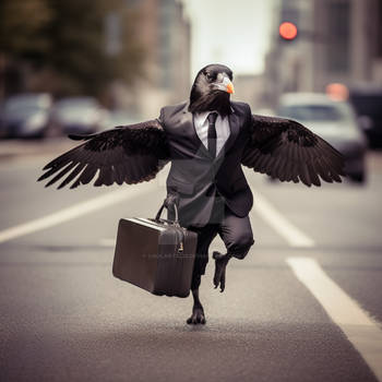 Business raven, wearing suit, holding case