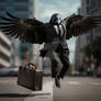 Business raven, wearing suit, holding case