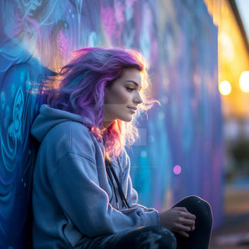 Girl with purple hair sitting near graffiti wall