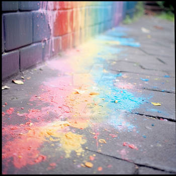 Rainbow on sidewalk and wall, painted with chalks