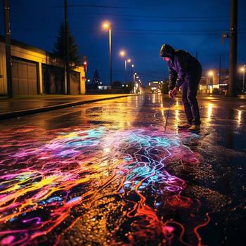 Guy cleaning road from luminescent colors