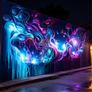 Glowing graffiti on street wall, at night