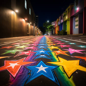 Stars with rainbow painted on asphalt road