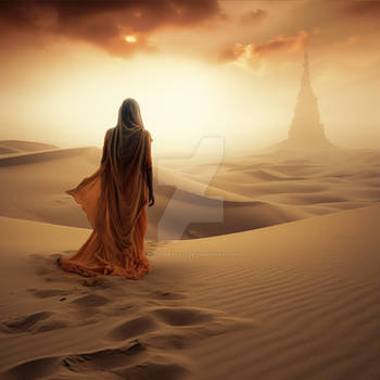 Woman observing mirage in sand desert