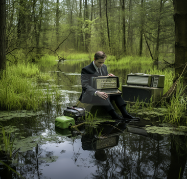 Man in suit sitting in forest marsh