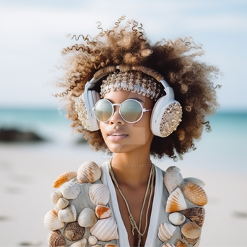 Girl in headphones, on beach. Seashells decorated