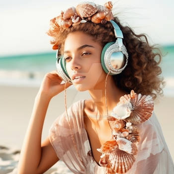 Girl in headphones, on beach. Seashells decorated